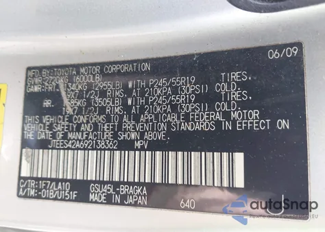 2009 Toyota Highlander Limited from USA, damaged, VIN JTEES42A692138362